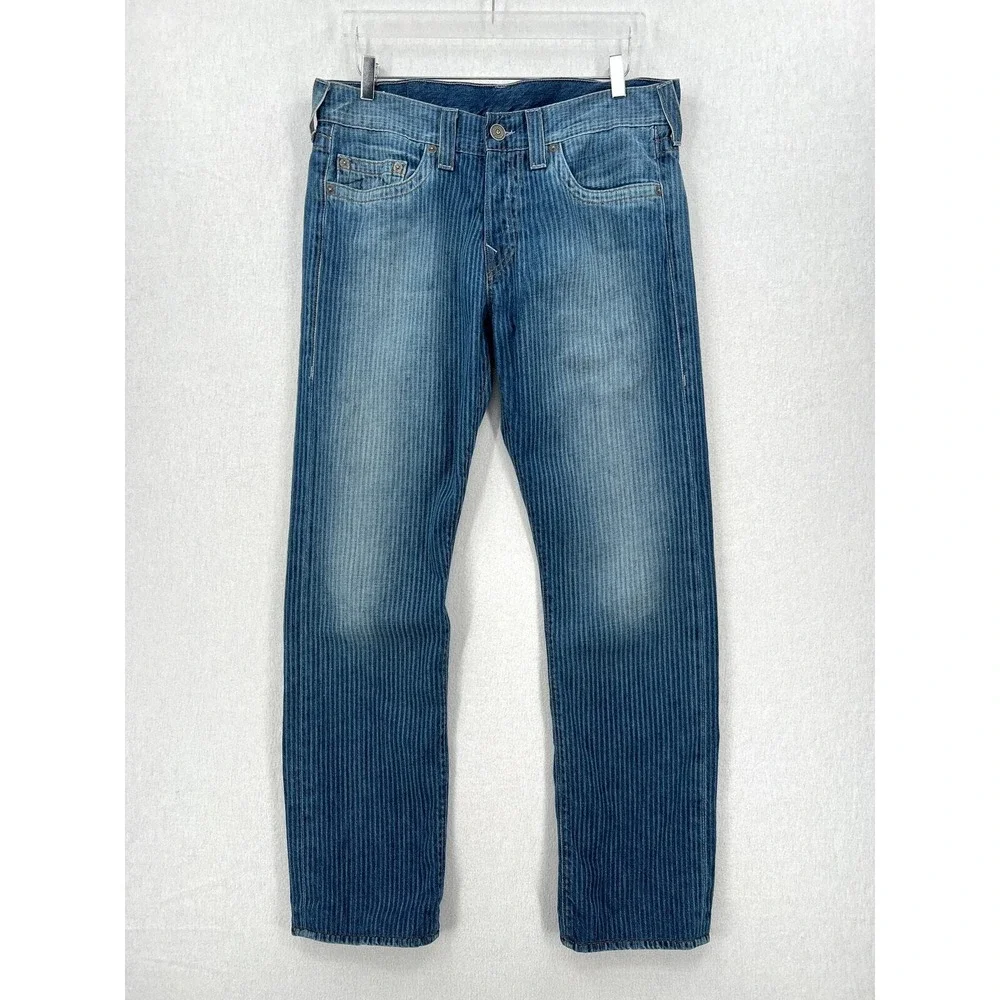 TRUE RELIGION Geno Jeans Mens 34 Blue Pinstripe Slim Straight Denim USA